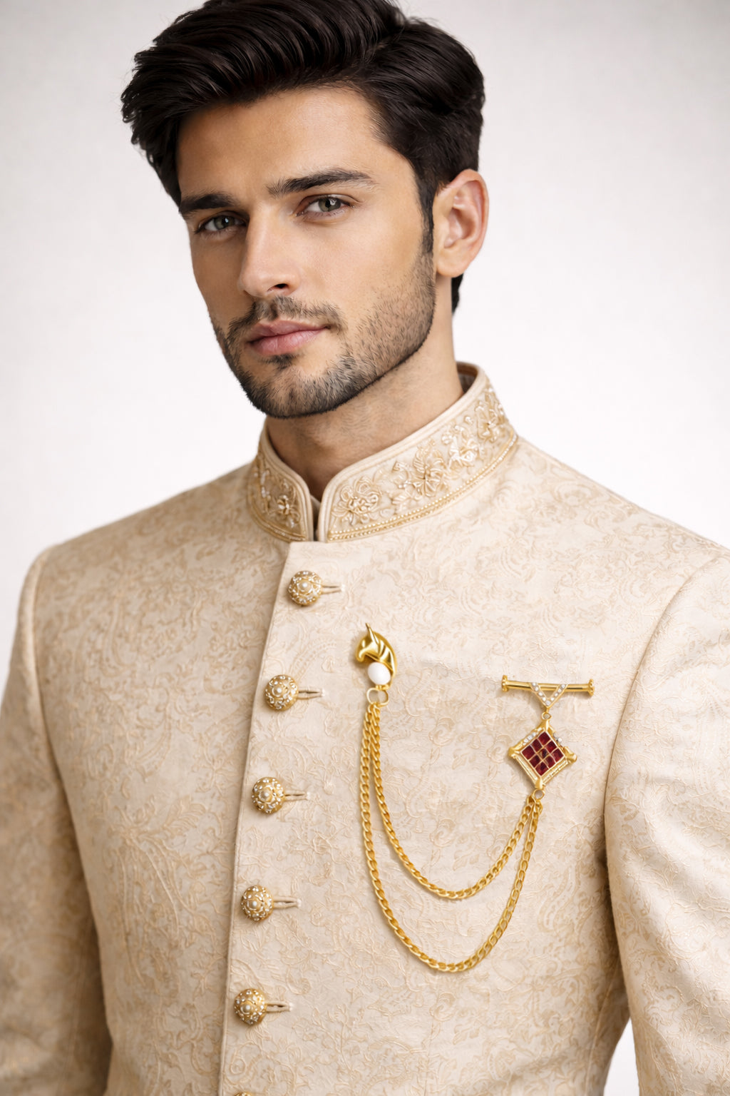 Mahi Gold-Tone Horse-Head-Shaped Dual Layer Chain / Kurta Sherwani Wedding Brooch for Men with Maroon Enamel & Crystal Accent (BP1101253GMar)