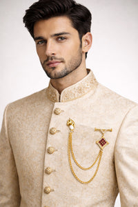 Mahi Gold-Tone Horse-Head-Shaped Dual Layer Chain / Kurta Sherwani Wedding Brooch for Men with Maroon Enamel & Crystal Accent (BP1101253GMar)