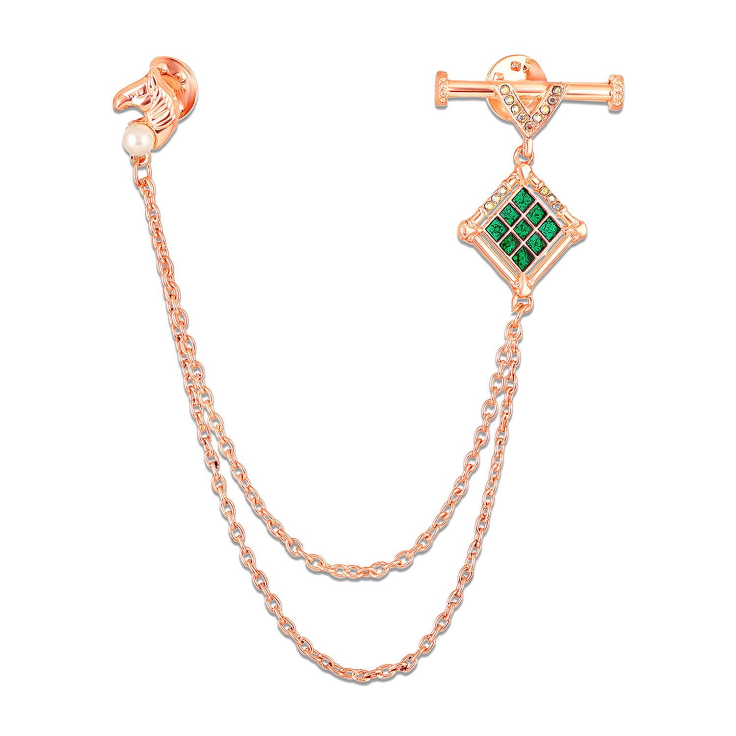 Mahi Rose Gold-Tone Horse-Head-Shaped Dual Layer Chain / Kurta Sherwani Wedding Brooch for Men with Green Enamel & Crystal Accent (BP1101254ZGre)