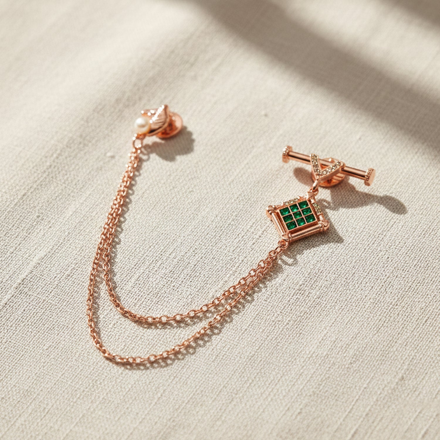 Mahi Rose Gold-Tone Horse-Head-Shaped Dual Layer Chain / Kurta Sherwani Wedding Brooch for Men with Green Enamel & Crystal Accent (BP1101254ZGre)