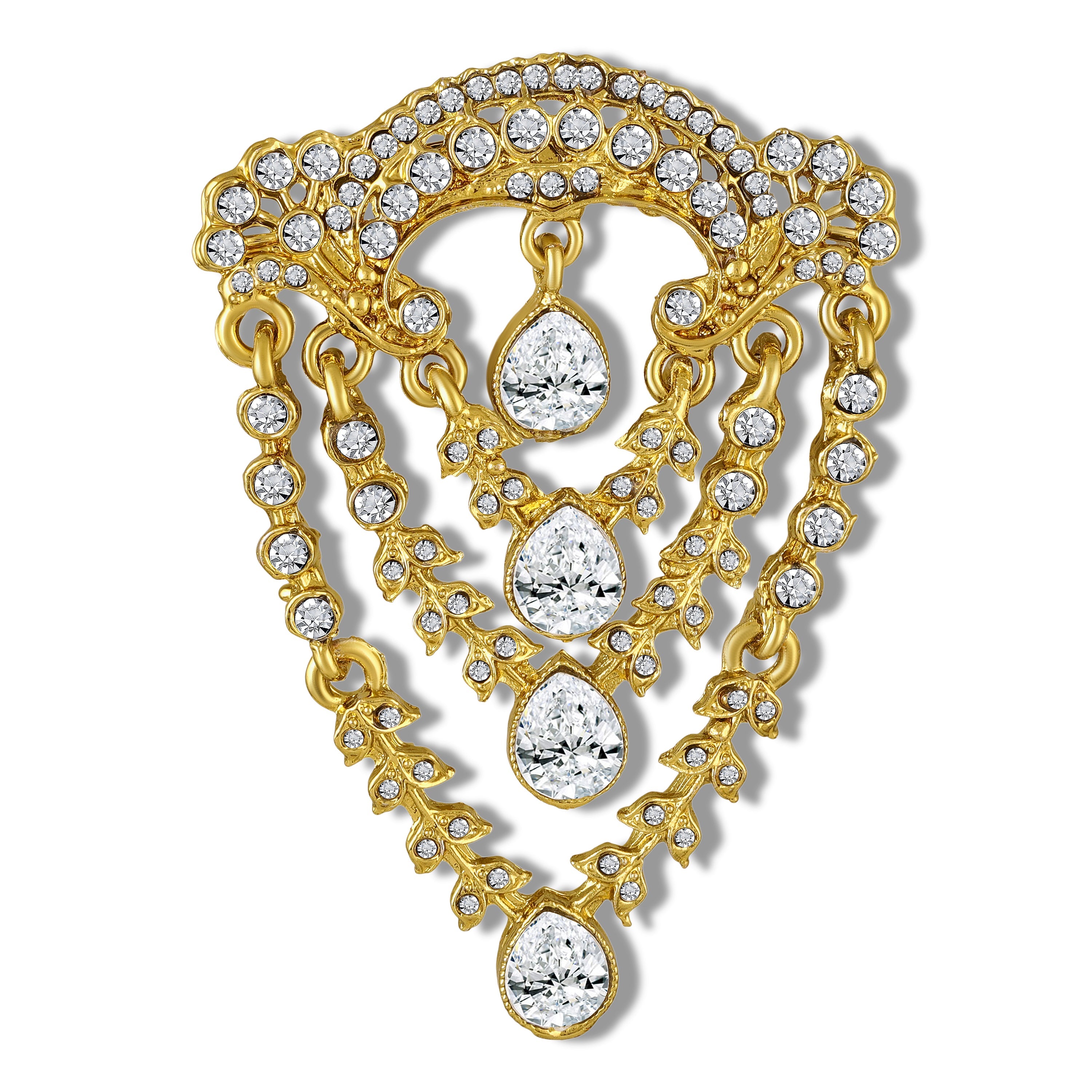 Mahi Regal Cascade Gold-Tone Triple Layered Teardrop Crystal Studded Kurta Sherwani Wedding Brooch for Men (BP1101256GWhi)