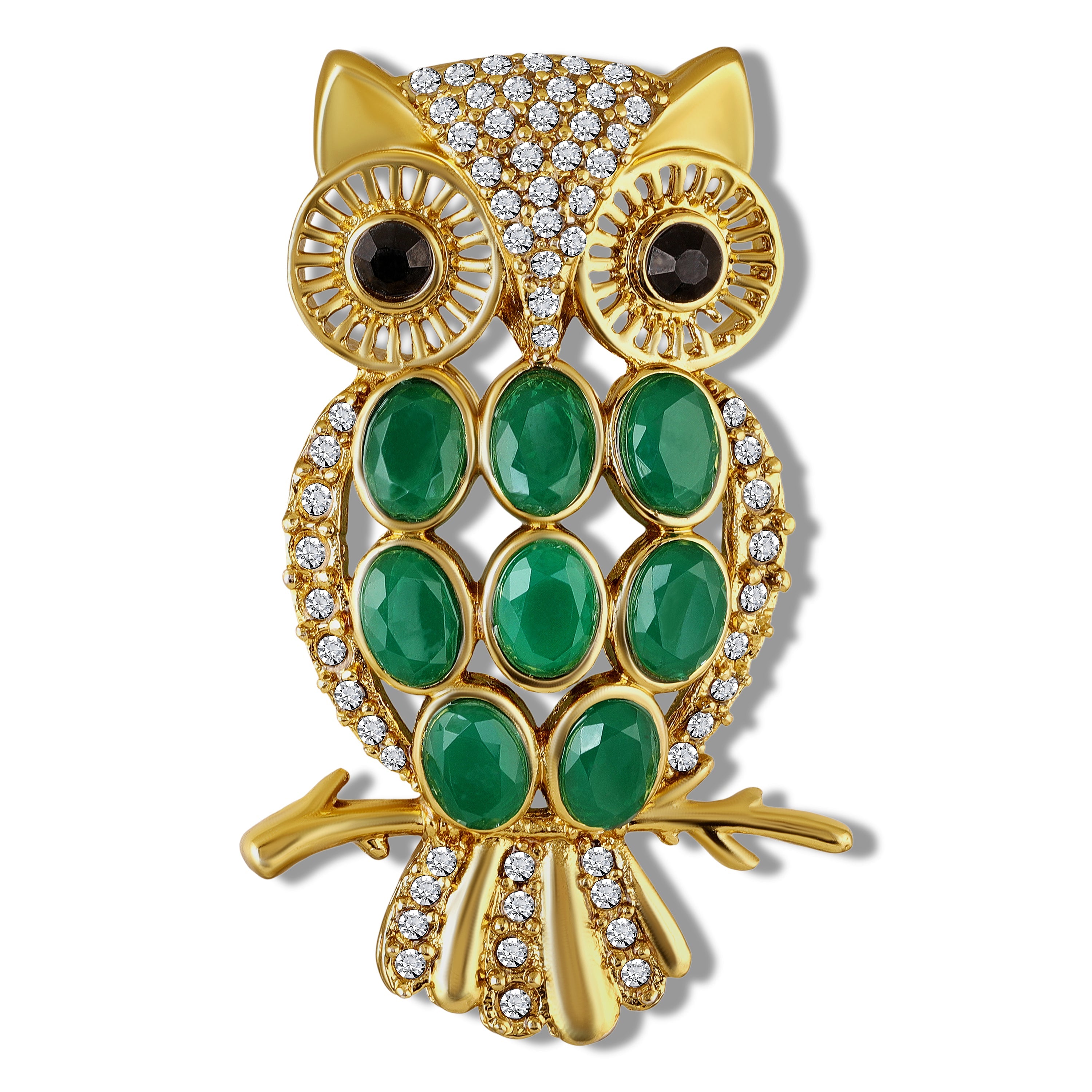Mahi Silver-Tone Owl-Shaped Lapel Pin / Brooch | Saree Pin / Blazer Pin for Women with Oval Green and White Crystal (BP1101261GGre)