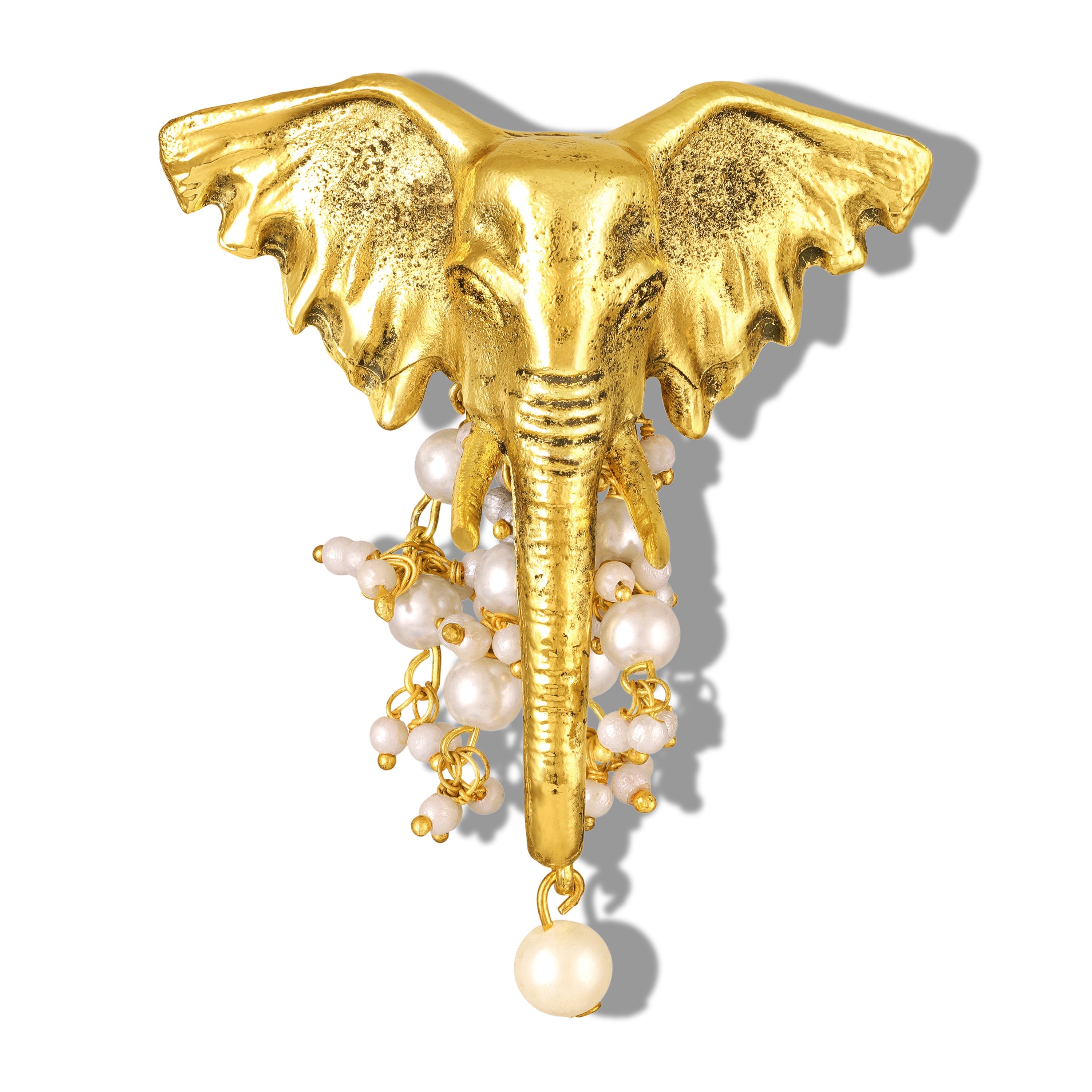 Mahi Gold Toned Elephant-Head -Shaped Pearl Unisex Brooch for Sherwani, Blazer & Saree (BP1101263GWhi)