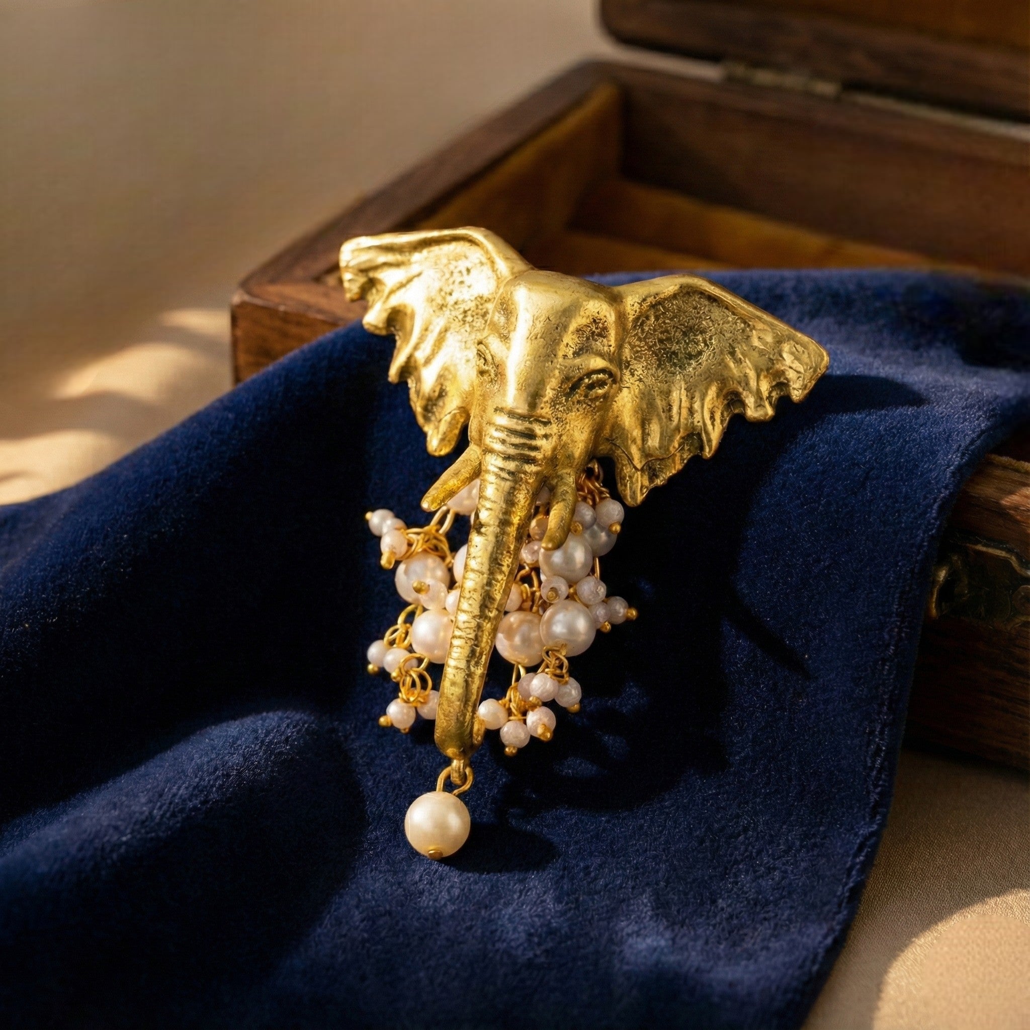 Mahi Gold Toned Elephant-Head -Shaped Pearl Unisex Brooch for Sherwani, Blazer & Saree (BP1101263GWhi)