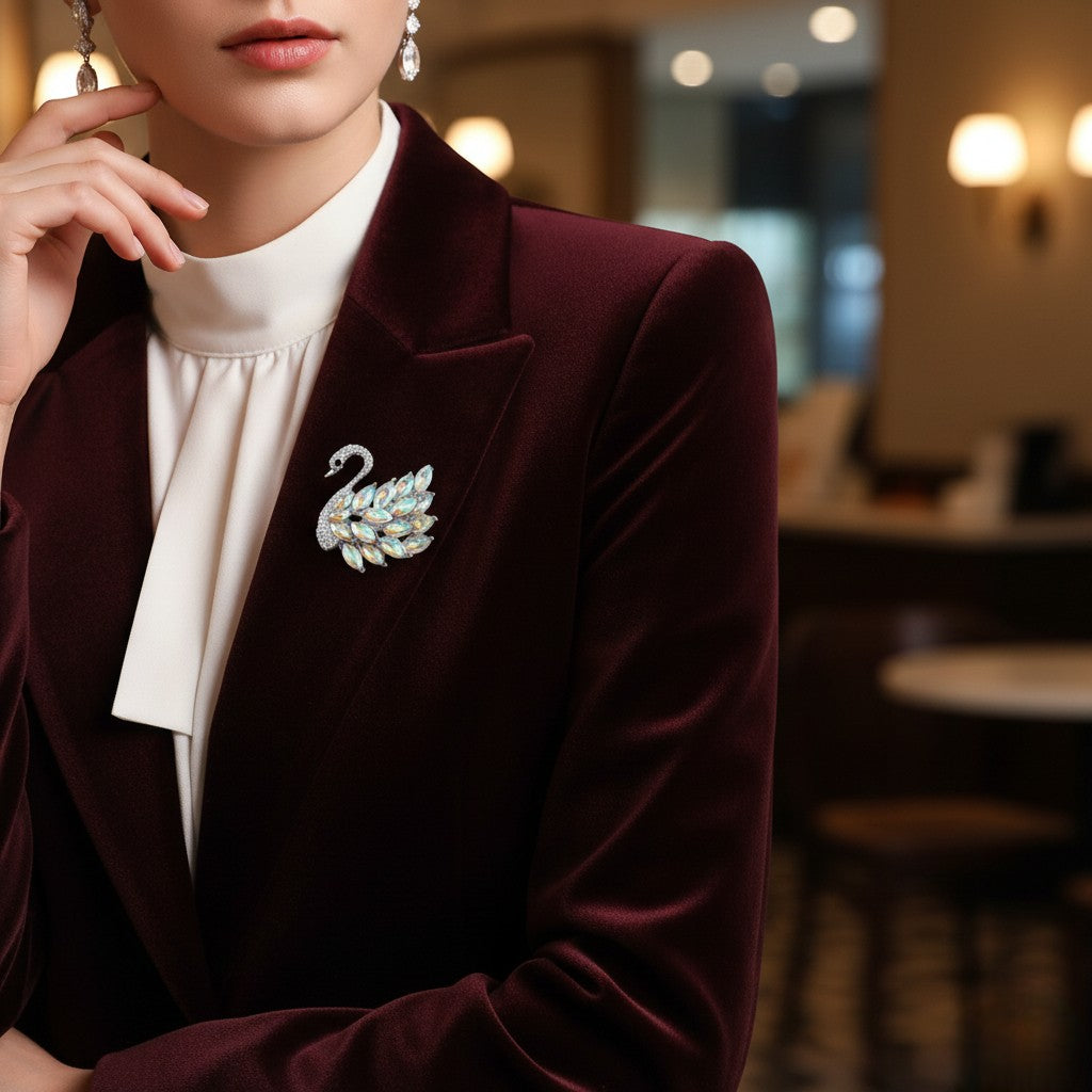 Mahi Sparkling White AB Crystals Swan-Shaped Brooch Clothing Accessories for Women | Saree Pin / Blazer Pin (BP1101265RWab)