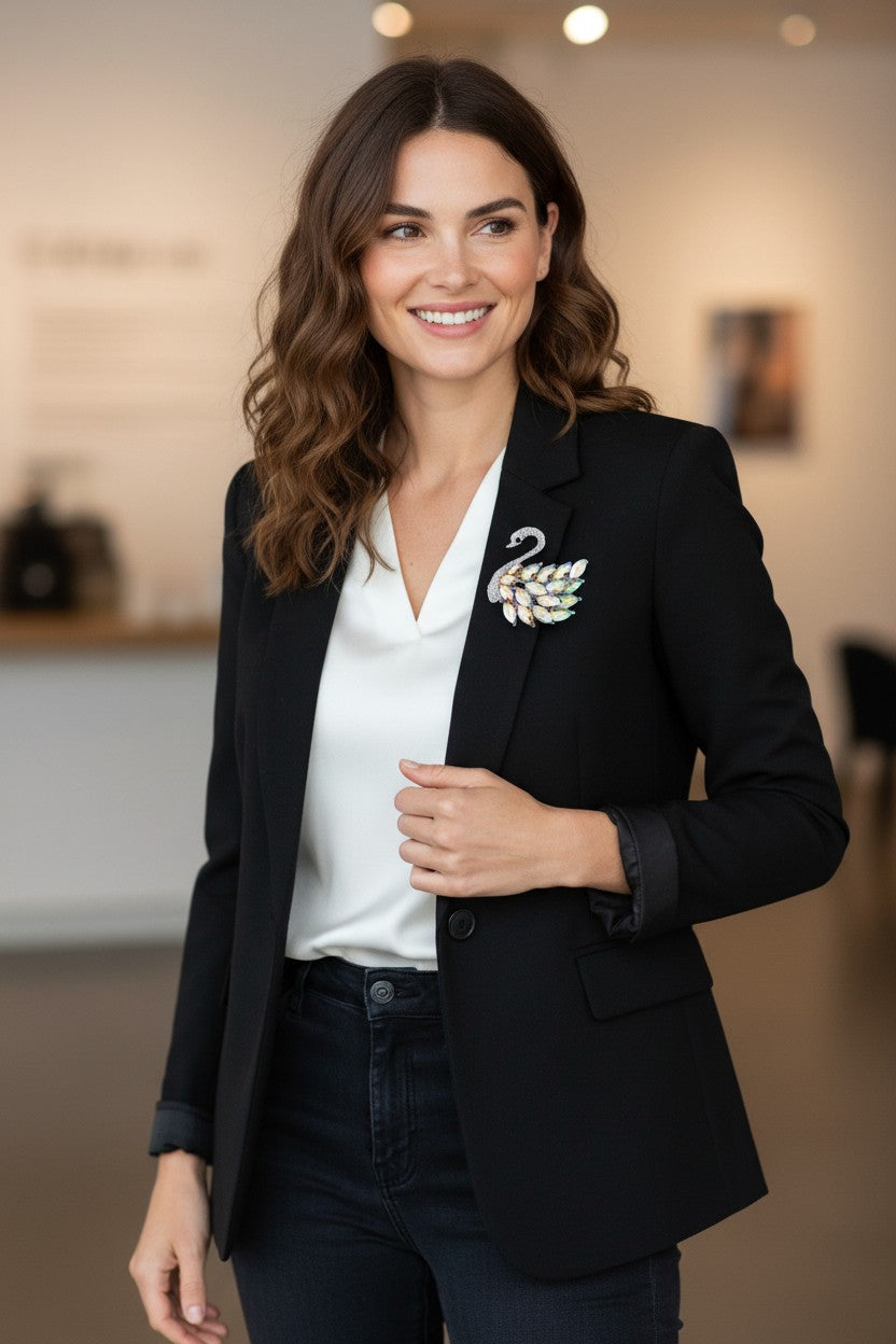 Mahi Sparkling White AB Crystals Swan-Shaped Brooch Clothing Accessories for Women | Saree Pin / Blazer Pin (BP1101265RWab)