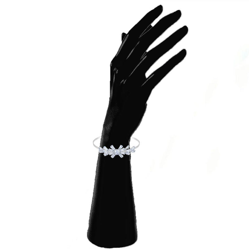 Mahi Rhodium Plated Floral Design White Cubic Zriconia CZ Studded Adjustable Kada / Bracelet for Women (BR1101047RWhi)