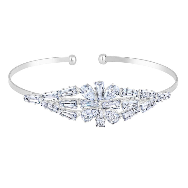 Mahi Rhodium Plated Floral Design White Cubic Zriconia CZ Studded Adjustable Kada / Bracelet for Women (BR1101051RWhi)