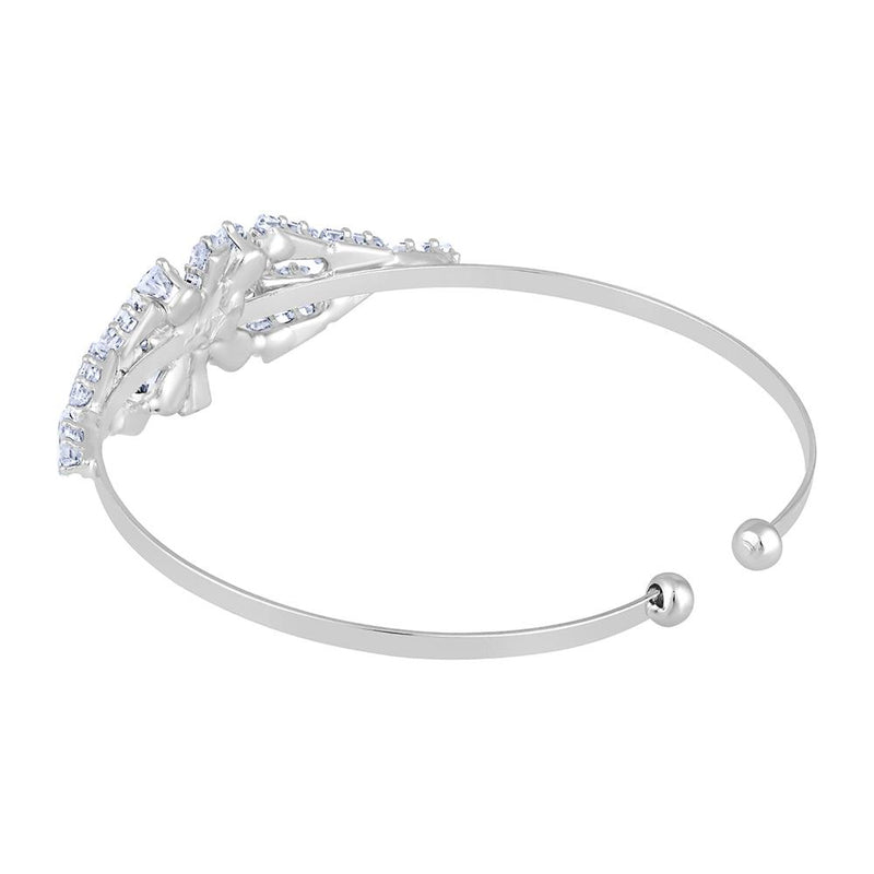 Mahi Rhodium Plated Floral Design White Cubic Zriconia CZ Studded Adjustable Kada / Bracelet for Women (BR1101051RWhi)