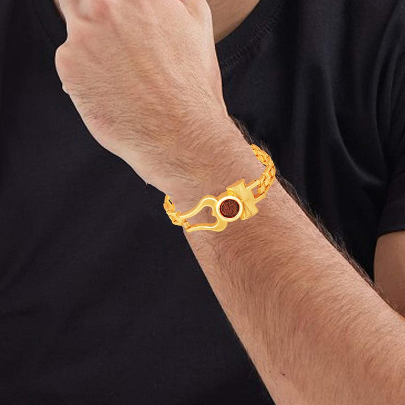 Mahi Gold Plated Lord Shiva Trishul and Damroo Unisex Bracelet with Rudraksha (BR1101069G)