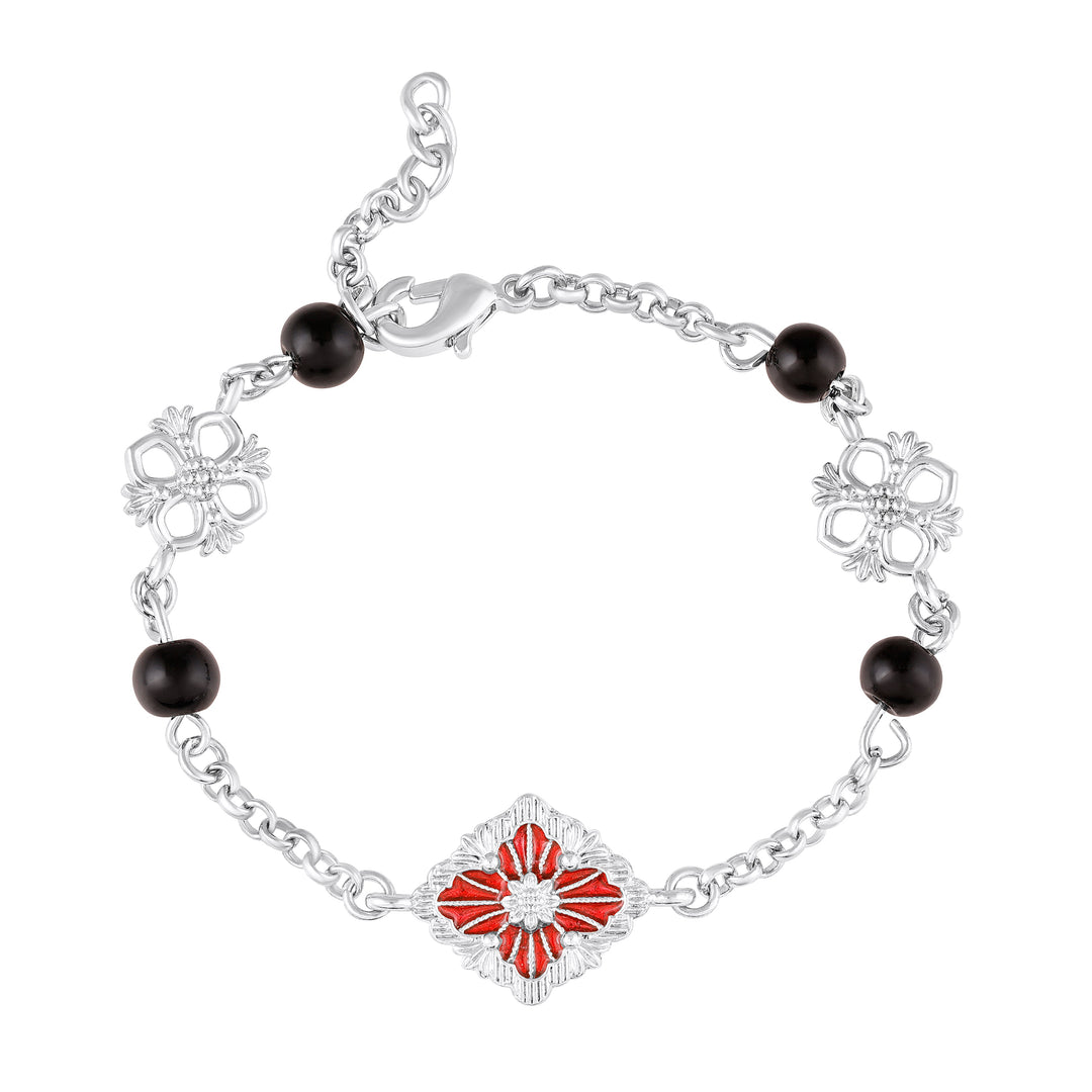 Mahi Crimson Bloom Rhodium-Plated Floral Bracelet with Red Enamel & Black Beads (BR1101093RRedBla)