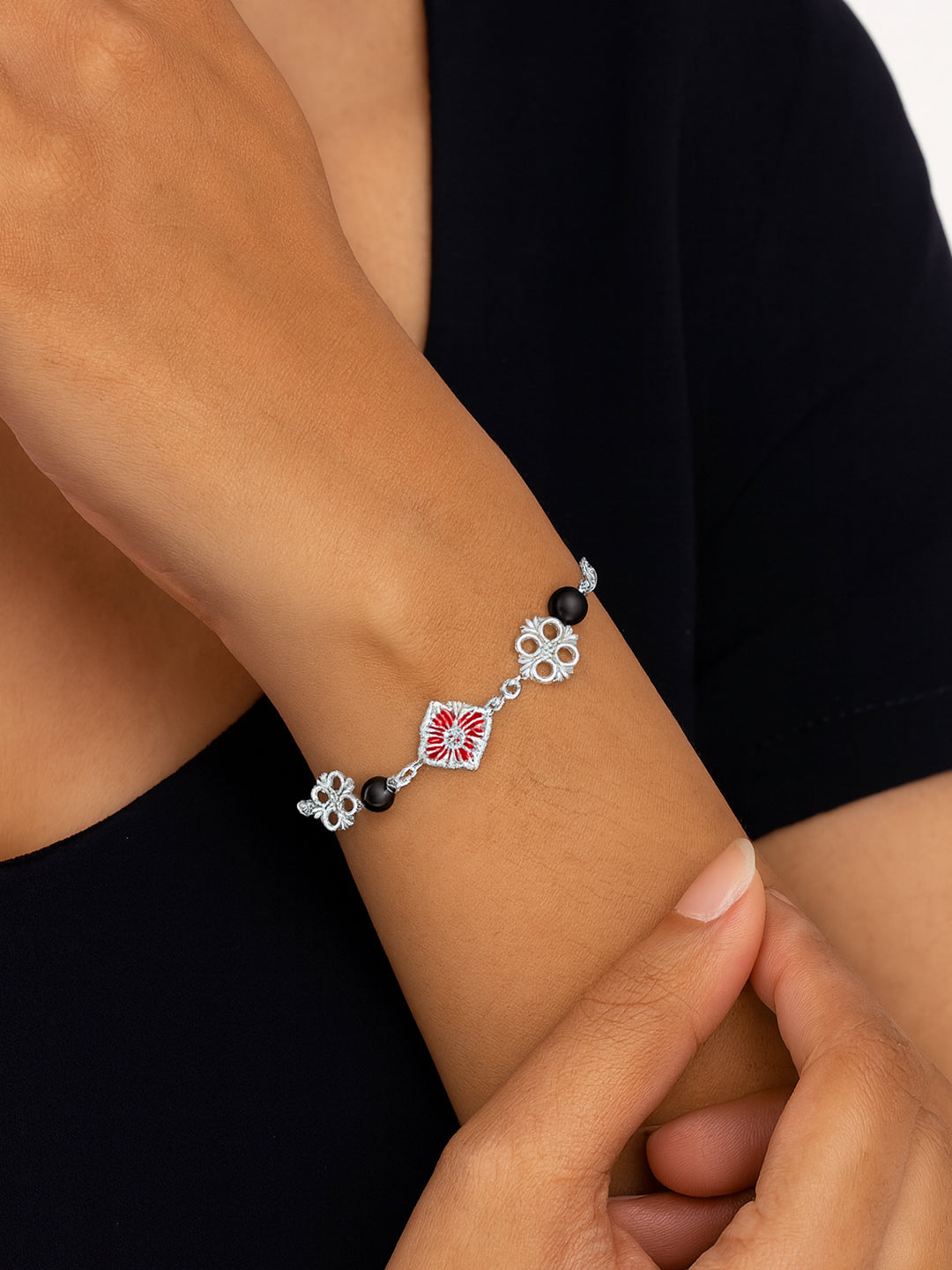 Mahi Crimson Bloom Rhodium-Plated Floral Bracelet with Red Enamel & Black Beads (BR1101093RRedBla)