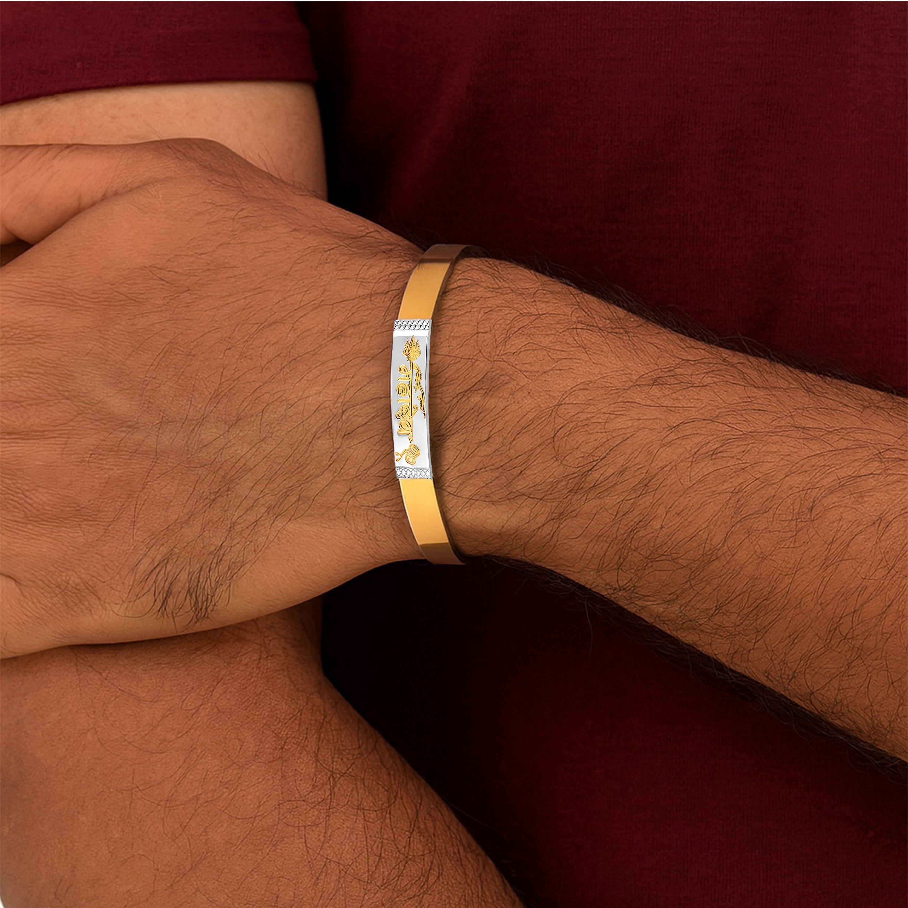 Mahi Stylish Golden & Silver Kada Mahadev Engraved Religious Elegant Kada Bracelet for Men (BR1101094M)