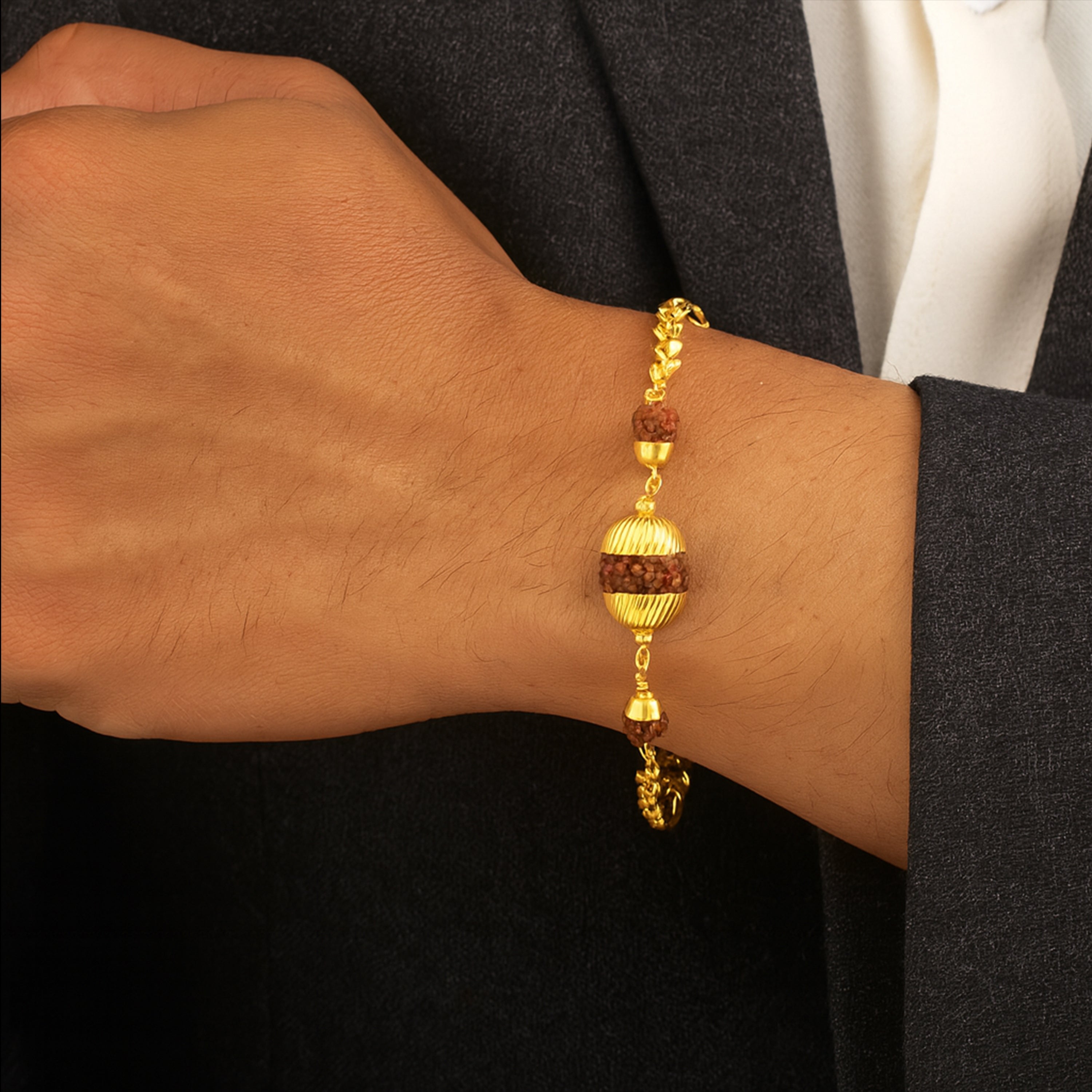 Mahi Adjustable Chain Style | Traditional Religious Gold Plated Rudraksha Bracelet for Daily Wear (BR1101099G)