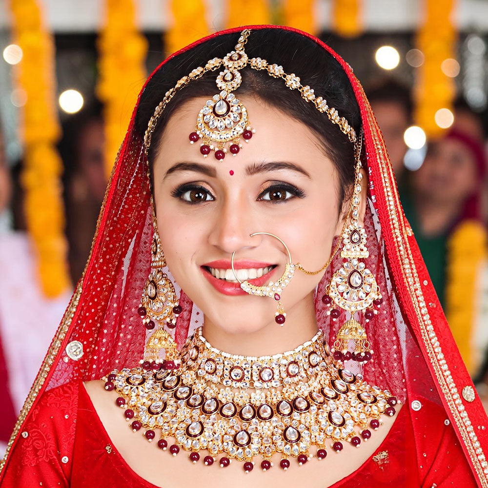 Knigght Angel Gold Plated Royal Kundan Stone And Beads Semi Bridal Necklace Set