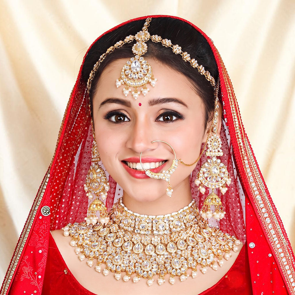 Knigght Angel Gold Plated Royal Kundan Stone And Beads Semi Bridal Necklace Set