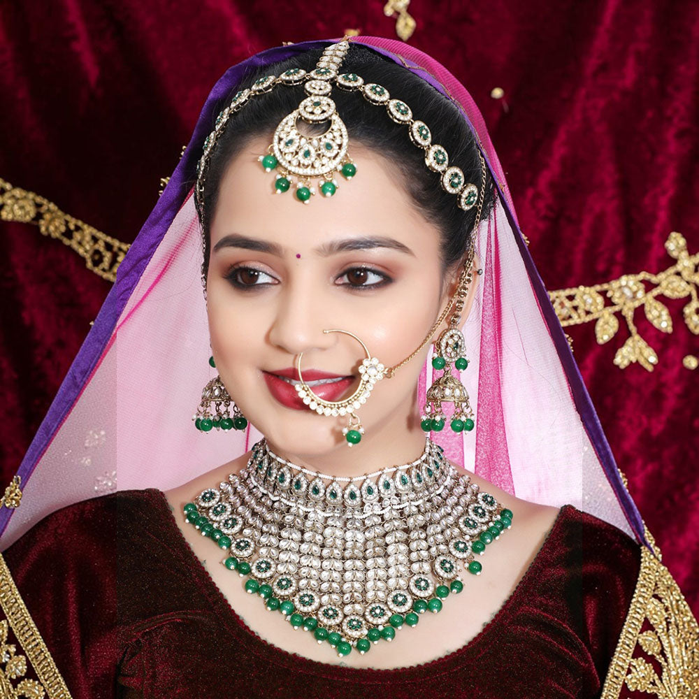 Knigght Angel Gold Plated Royal Kundan Stone And Beads Semi Bridal Necklace Set
