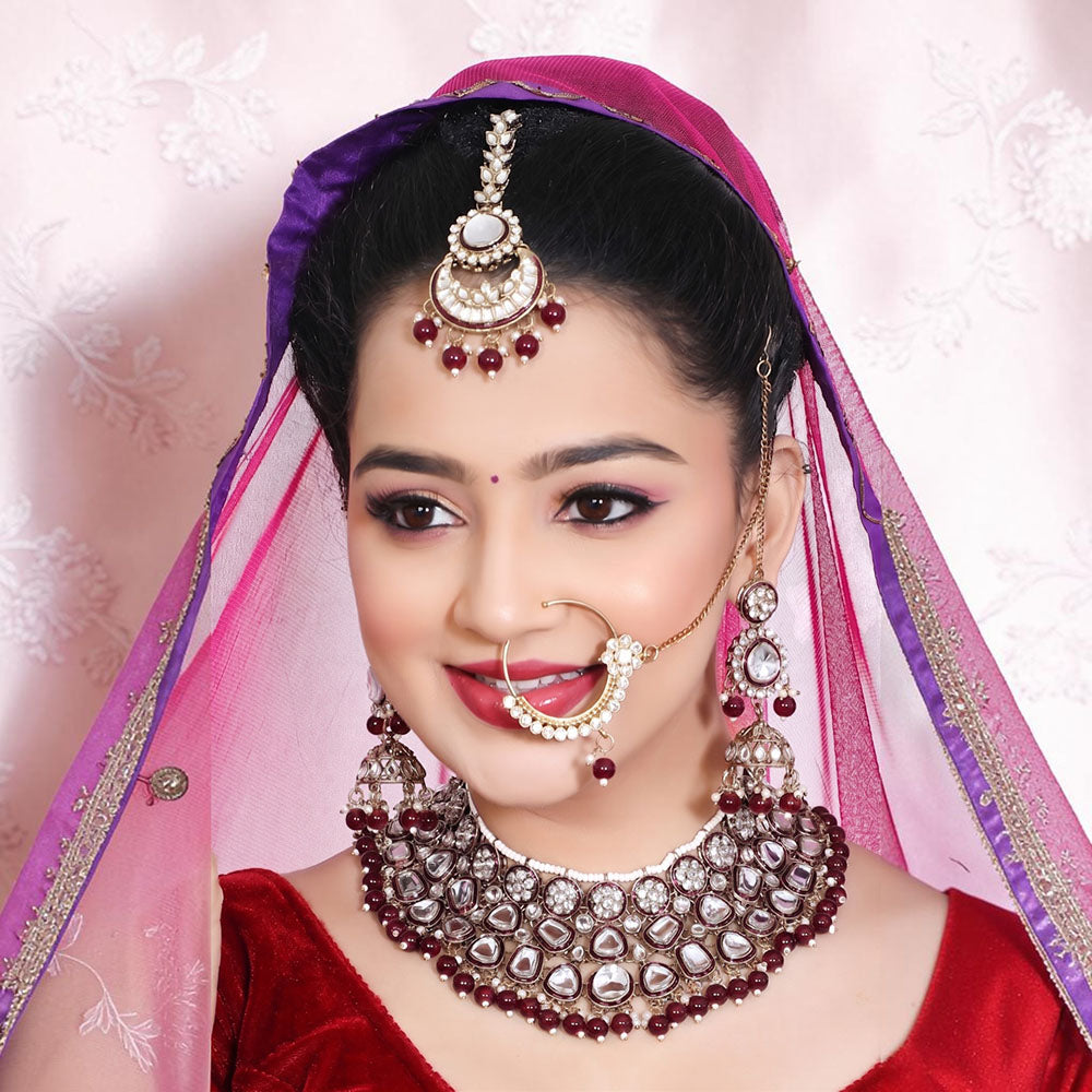 Knigght Angel Gold Plated Royal Kundan Stone And Beads Semi Bridal Necklace Set