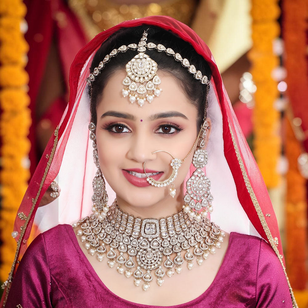 Knigght Angel Gold Plated Royal Kundan Stone And Beads Semi Bridal Necklace Set