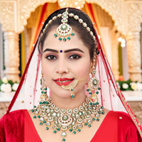 Knigght Angel Gold Plated Royal Kundan Stone And Beads Semi Bridal Necklace Set