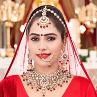 Knigght Angel Gold Plated Royal Kundan Stone And Beads Semi Bridal Necklace Set