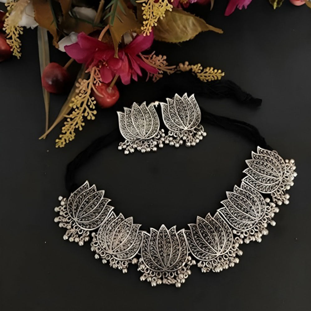 Bevy Pearls Oxidised Lotus Choker Necklace Set For Women & Grils Floral Choker With Earrings (Pack of 3)