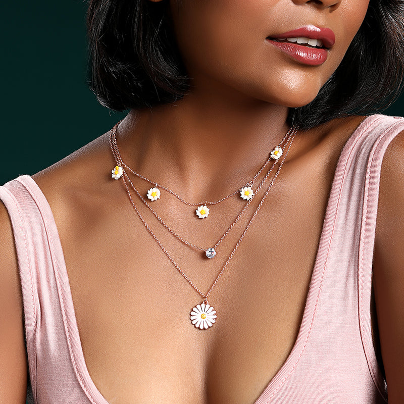 Shrishti Fashion White Flower Shape 3 Layer Rose Gold Plated Necklace Chain For Women And Girls