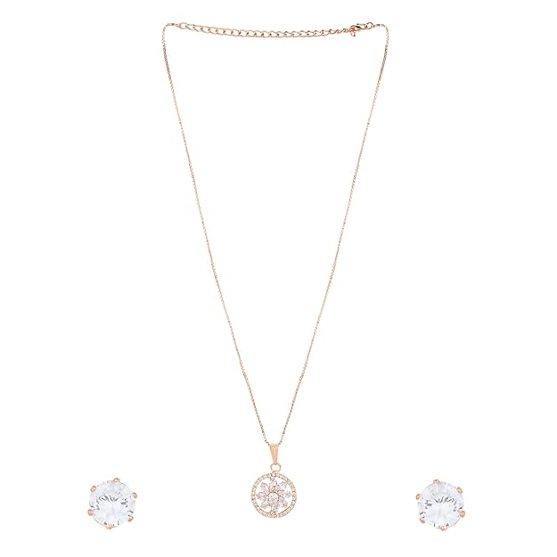 Etnico Rose Gold Plated American Diamond CZ Zircon Chain Pendent Set for Women