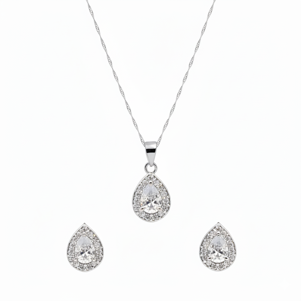 Etnico Latest Stylish Silver Plated CZ American Diamond Teardrop Pendant Set For Women