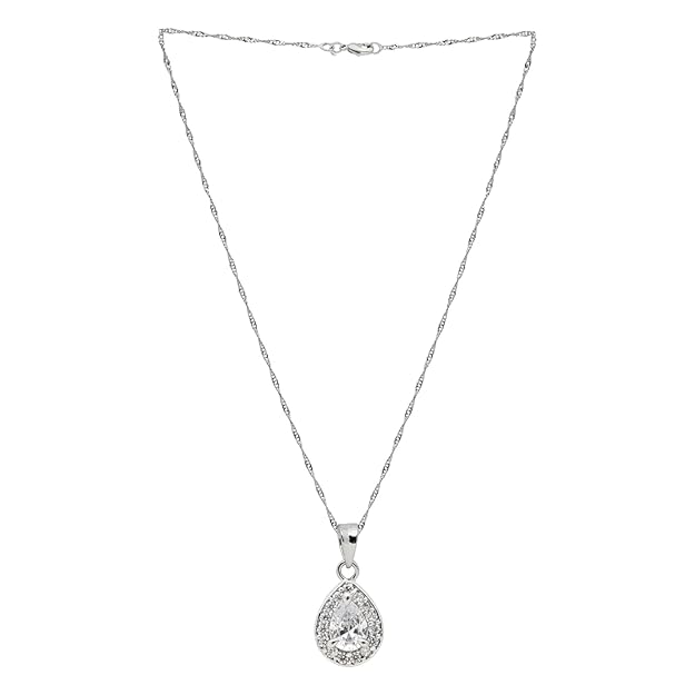 Etnico Latest Stylish Silver Plated CZ American Diamond Teardrop Pendant Set For Women