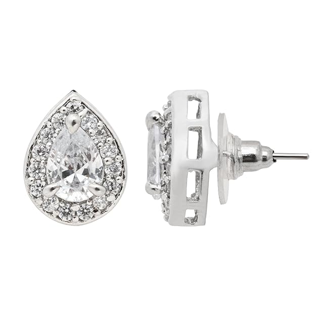 Etnico Latest Stylish Silver Plated CZ American Diamond Teardrop Pendant Set For Women