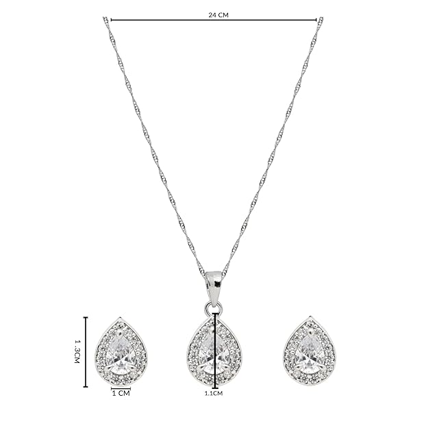 Etnico Latest Stylish Silver Plated CZ American Diamond Teardrop Pendant Set For Women