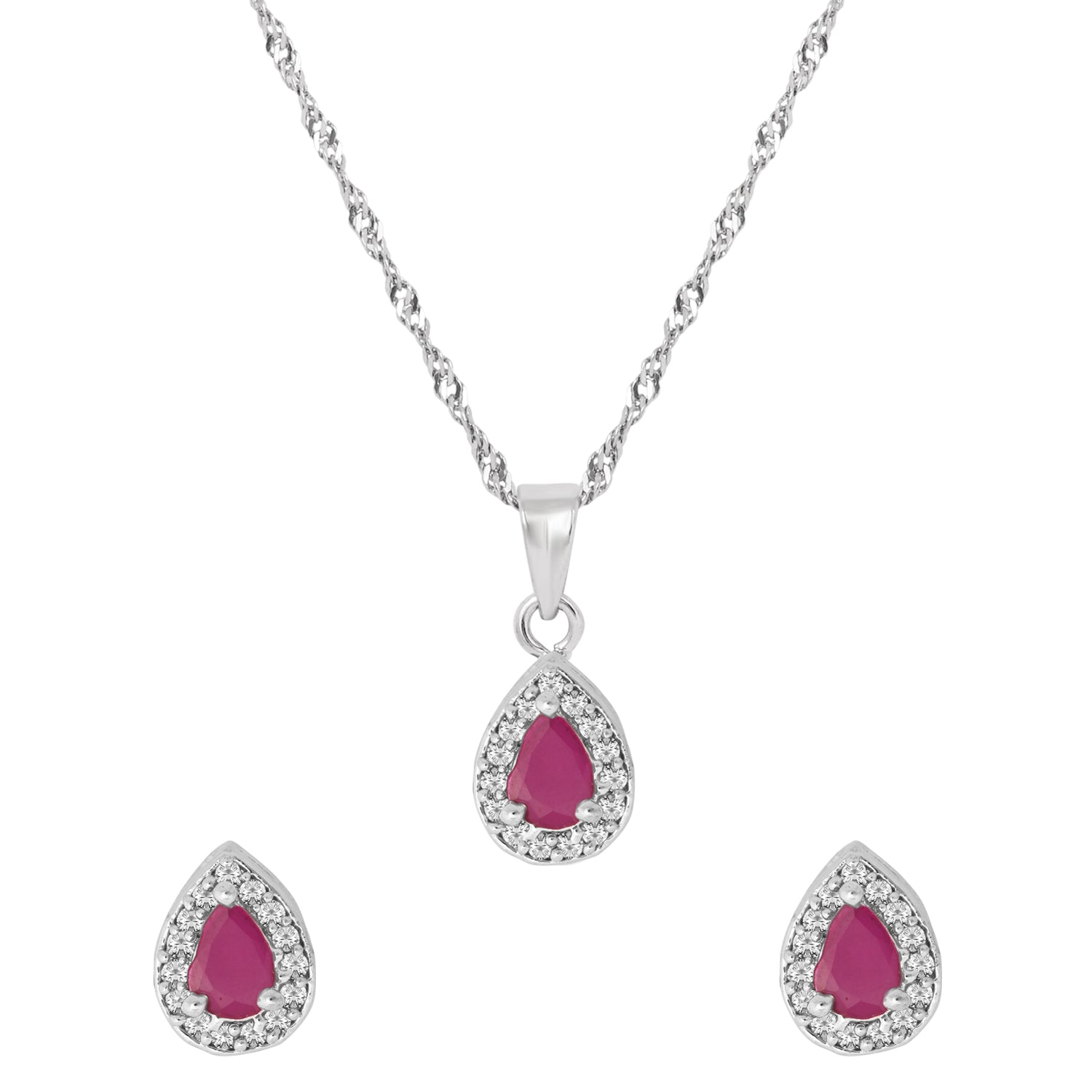 Etnico Latest Stylish Silver Plated CZ American Diamond Teardrop Pendant Set For Women