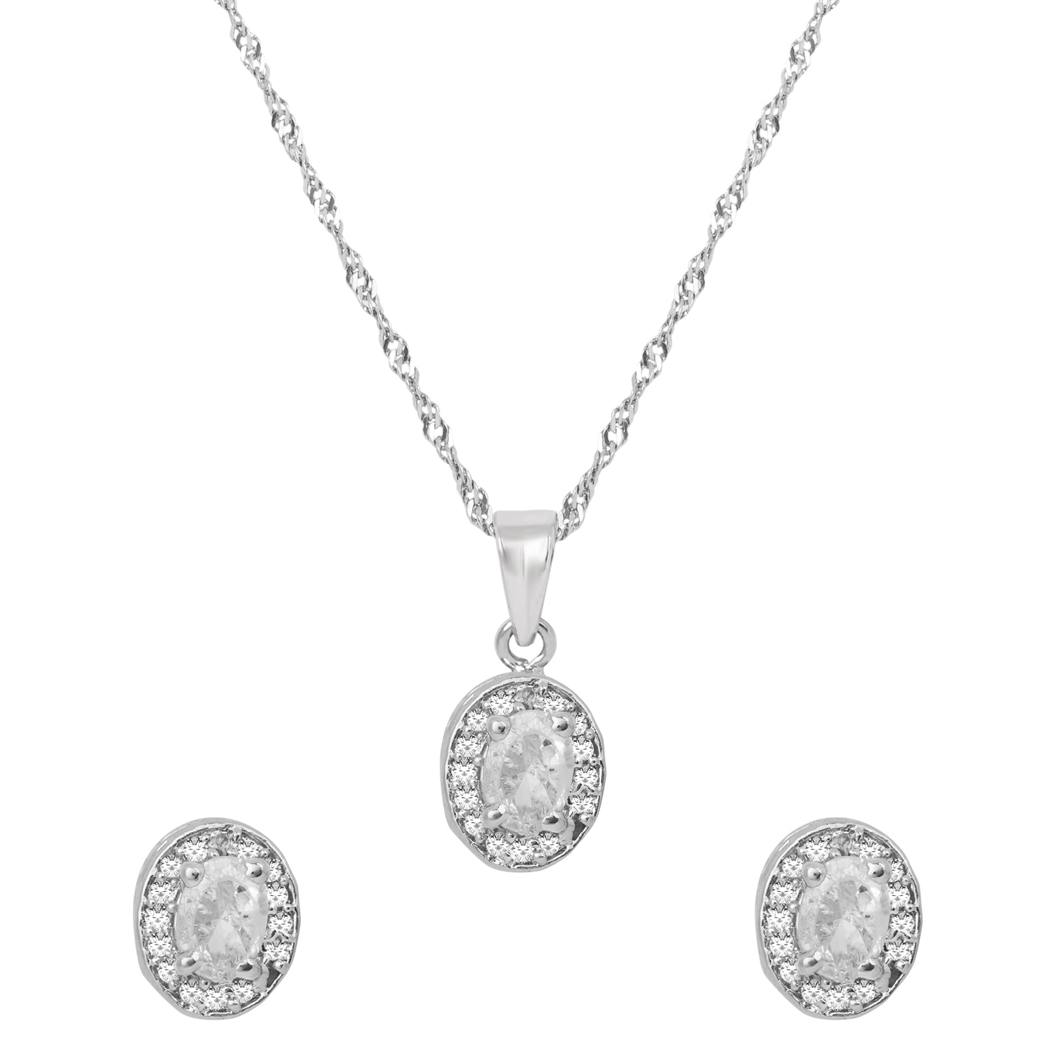 Etnico Latest Stylish Silver Plated CZ American Diamond Teardrop Pendant Set For Women