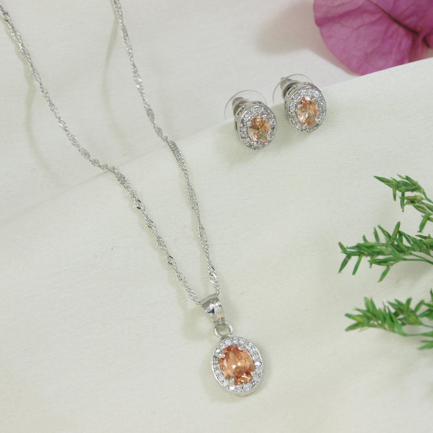 Etnico Latest Stylish Silver Plated CZ American Diamond Teardrop Pendant Set For Women