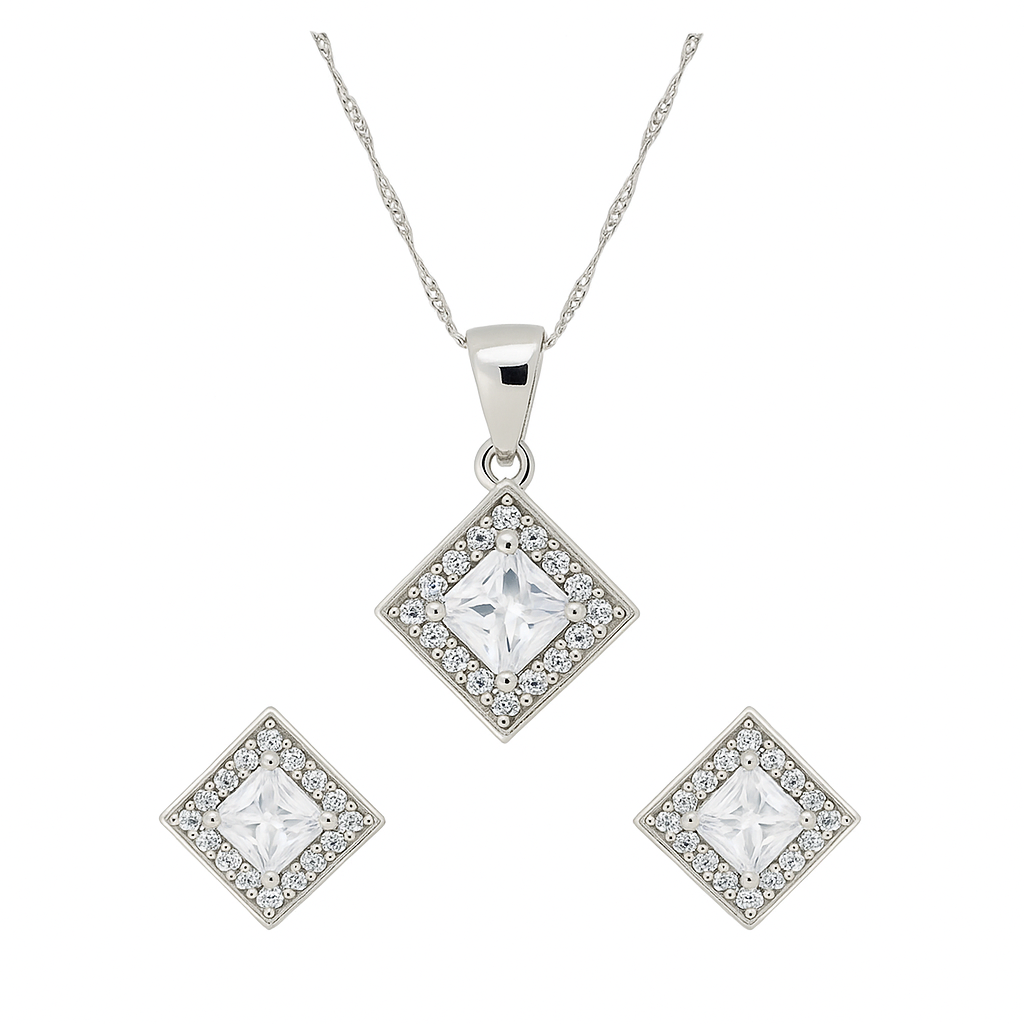 Etnico Latest Stylish Silver Plated CZ American Diamond Pendant Set For Women