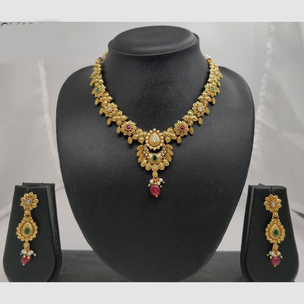 Chiccharm Jewellery Pota Stone And Pearl Brass And Copper Rajwadi Necklace Set