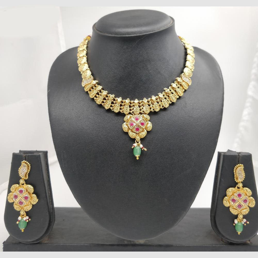 Chiccharm Jewellery Pota Stone And Pearl Brass And Copper Rajwadi Necklace Set