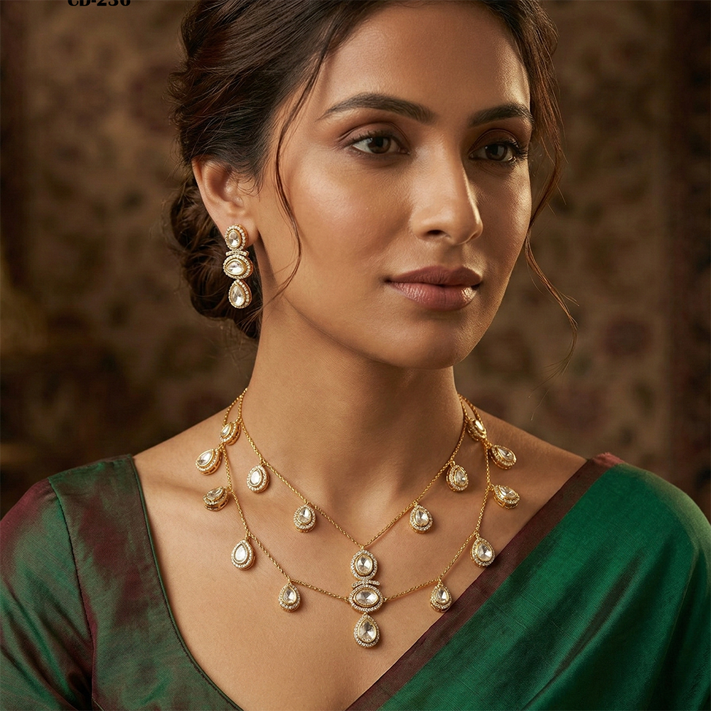 Chiccharm Jewellery Premium Polki Kundan Necklace with Earrings Set