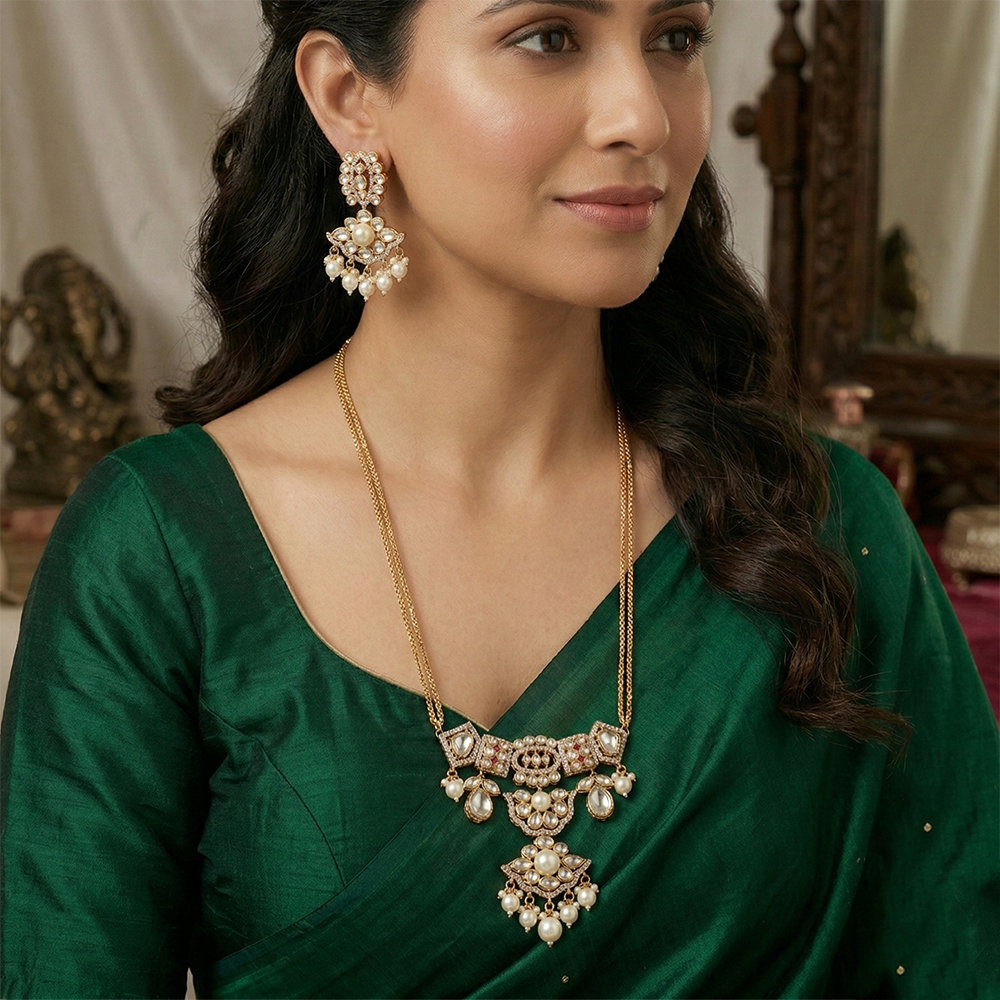 Chiccharm Jewellery Premium Polki Kundan And Beads Necklace with Earrings Set