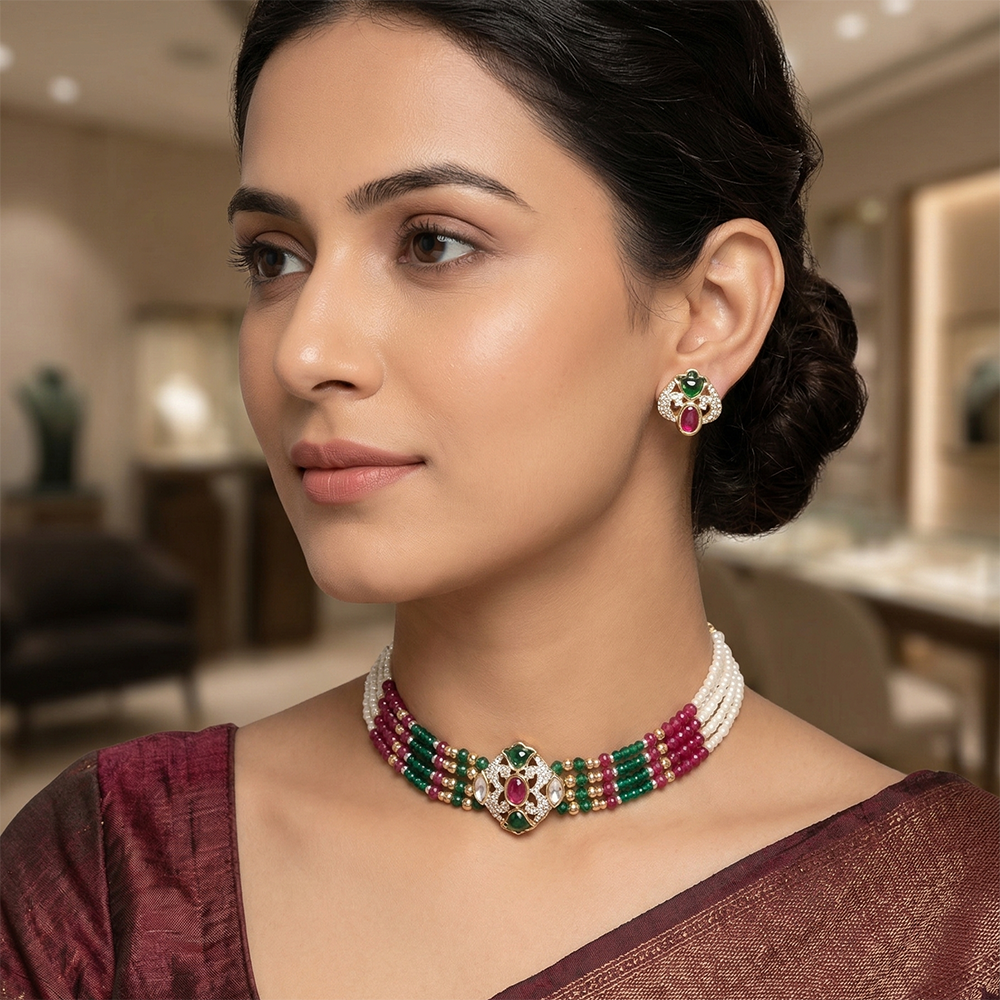 Chiccharm Jewellery Luxury Polki Kundan And Pearl Traditional Choker Necklace Set