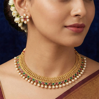 Chiccharm Jewellery Pota Stone And Pearl Brass And Copper Rajwadi Necklace Set