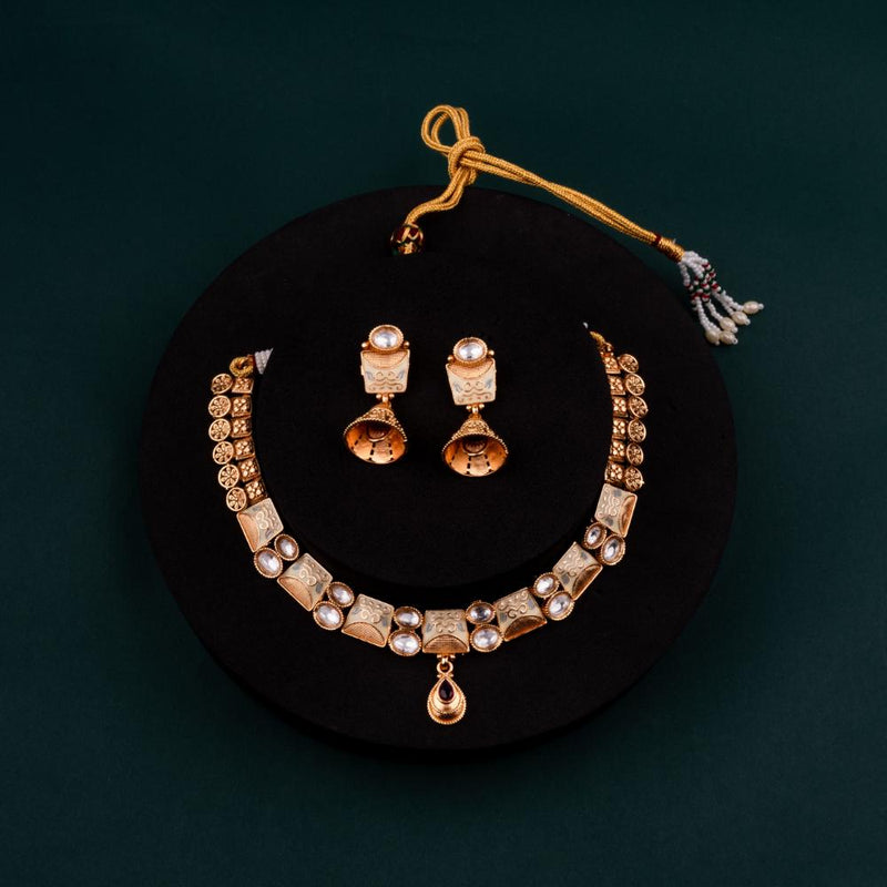 ChicCharm Jewellery Brass And Copper Gold Plated Uncut Polki Micro Rajwadi Necklace Set