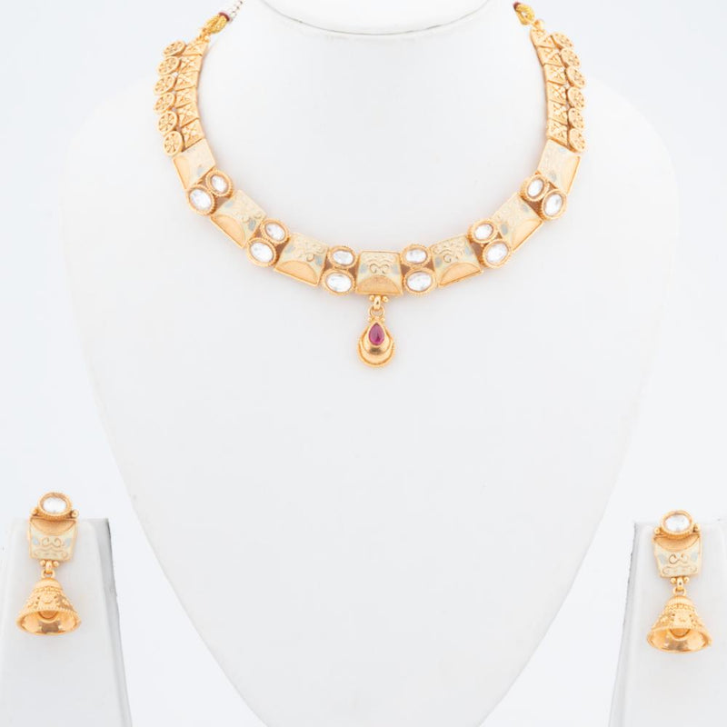 ChicCharm Jewellery Brass And Copper Gold Plated Uncut Polki Micro Rajwadi Necklace Set