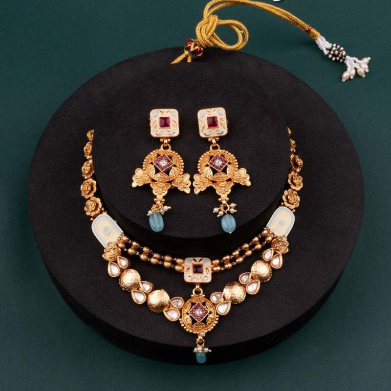 ChicCharm Jewellery Brass And Copper Gold Plated Uncut Polki Micro Rajwadi Necklace Set