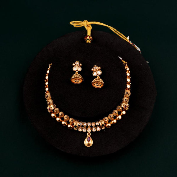 ChicCharm Jewellery Brass And Copper Gold Plated Uncut Polki Micro Rajwadi Necklace Set