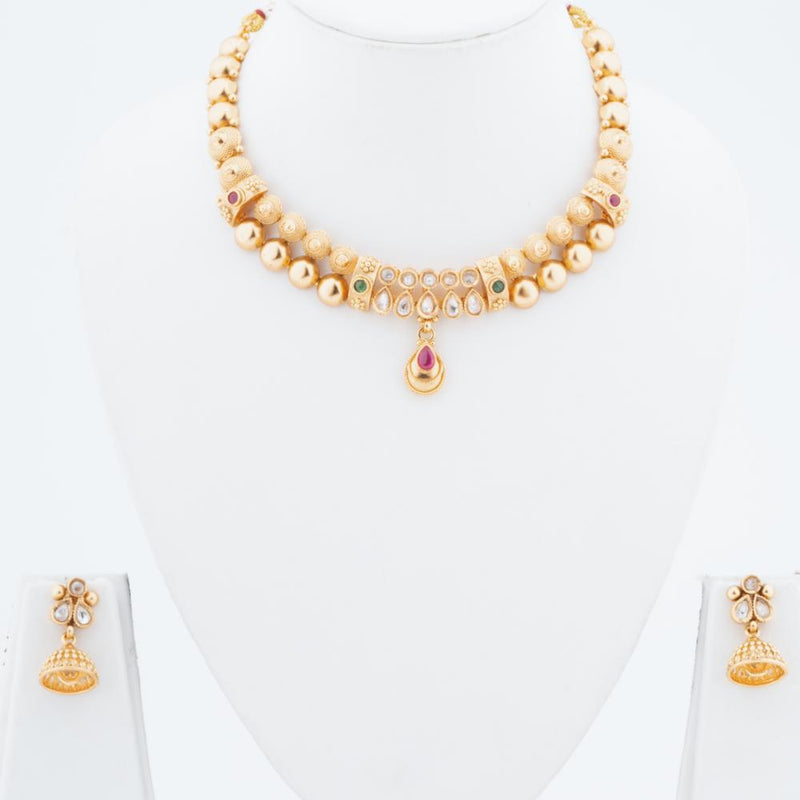 ChicCharm Jewellery Brass And Copper Gold Plated Uncut Polki Micro Rajwadi Necklace Set