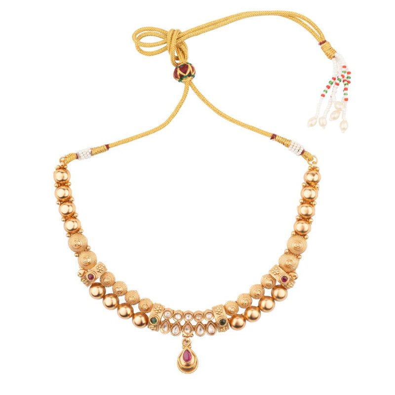 ChicCharm Jewellery Brass And Copper Gold Plated Uncut Polki Micro Rajwadi Necklace Set