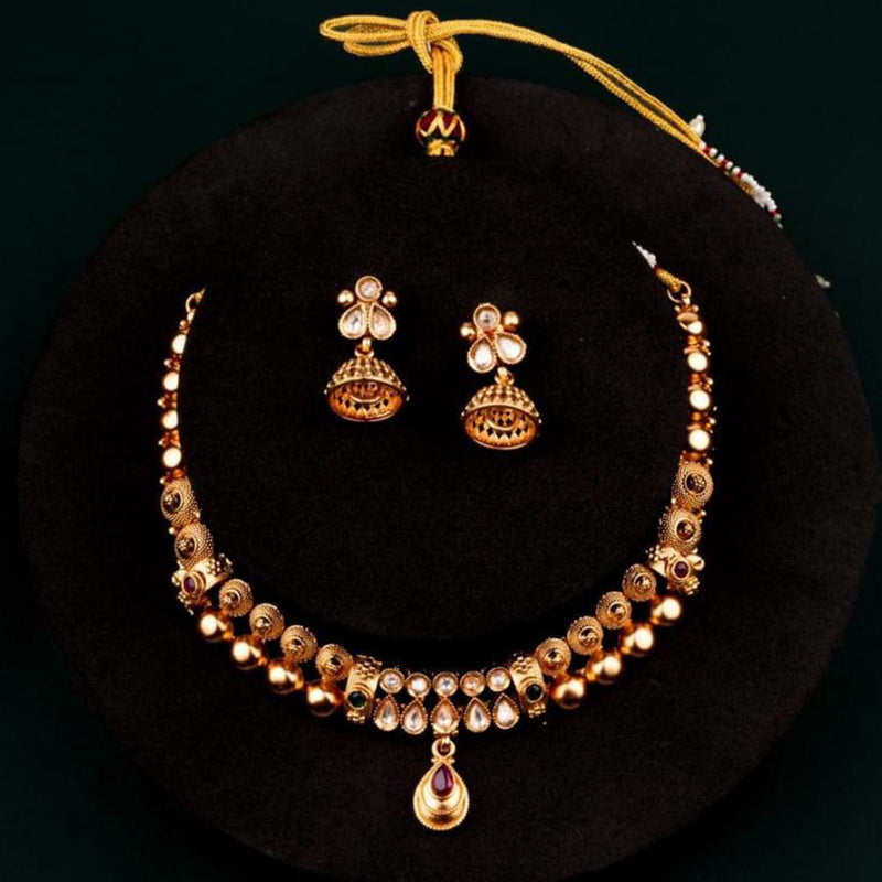 ChicCharm Jewellery Brass And Copper Gold Plated Uncut Polki Micro Rajwadi Necklace Set