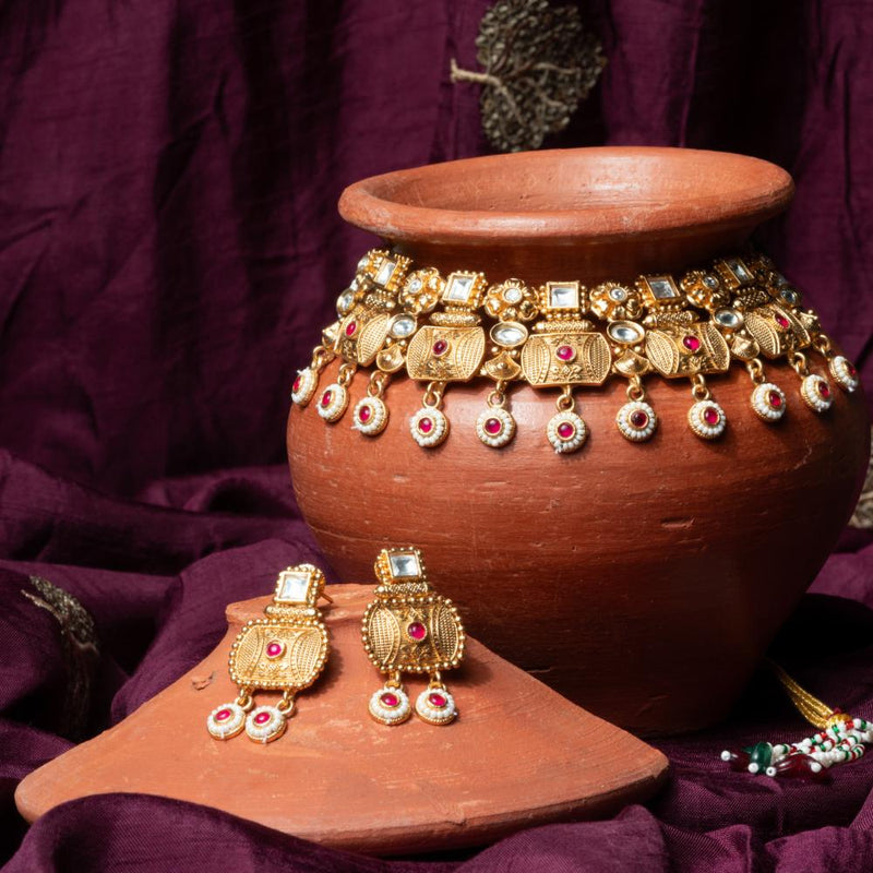 ChicCharm Jewellery Brass And Copper Gold Plated Rajwadi Necklace Set